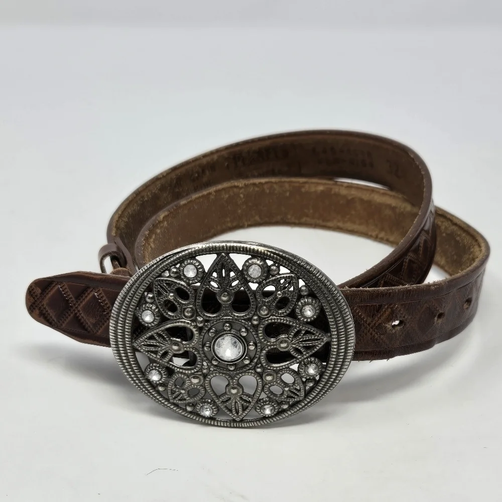 VINTAGE PENNEYS TOWNCRAFT BROWN LEATHER BELT GUNMETAL FILIGREE BUCKLE UNISEX 32